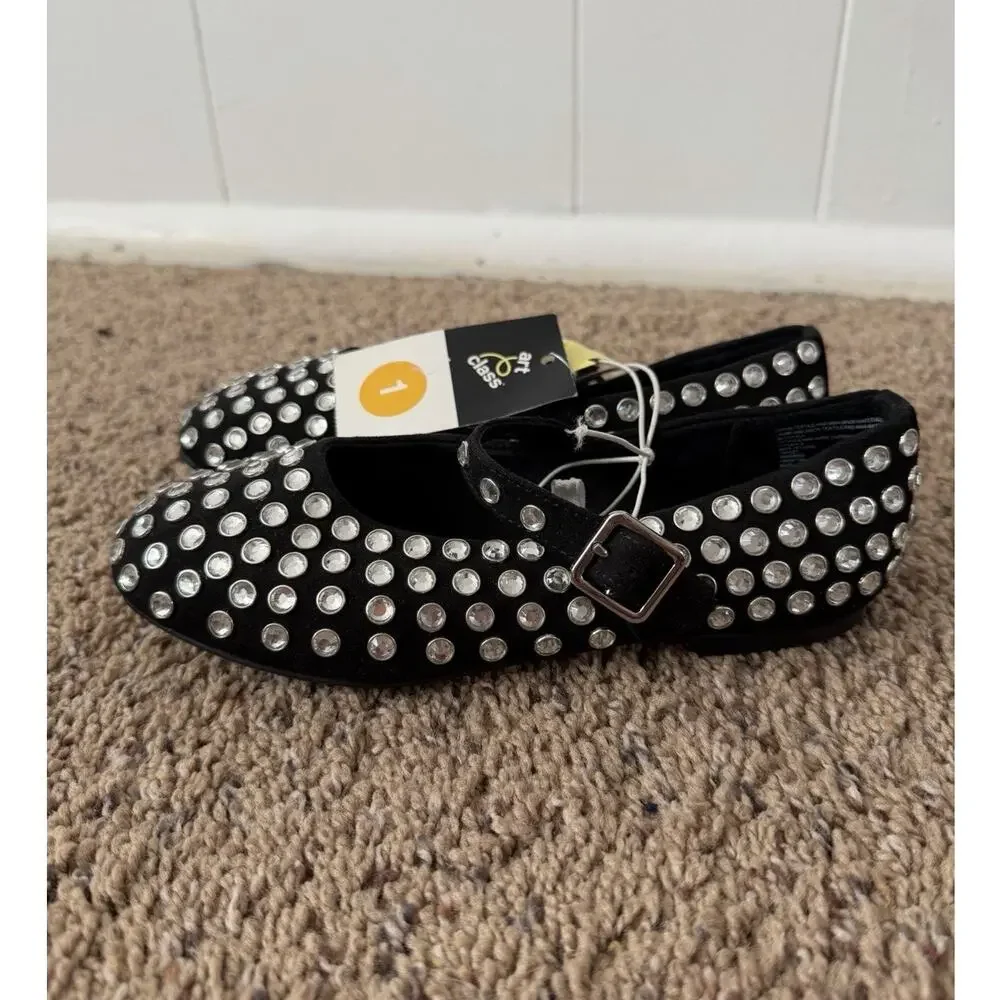 Girls Art Class Black Rhinestone Mary Jane Flats Size 1 NWT